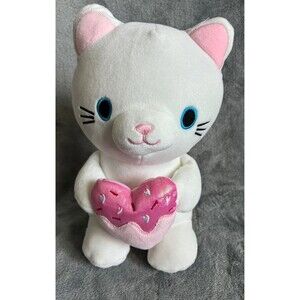 Smoochy Pals White Cat Plush Holding Pink Heart Pillow 10” Stuffed Animal